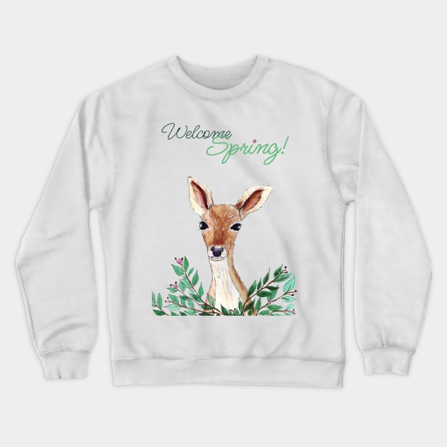 Welcome spring Cute Watercolor deer Crewneck Sweatshirt by Wolshebnaja